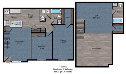 A floor plan of a two bedroom, two bathroom apartment with a living room and a dining room.